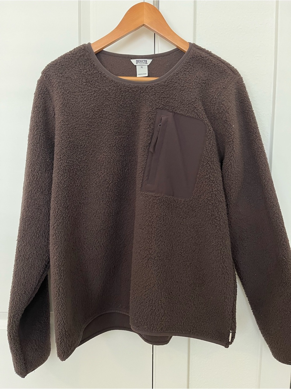 Duluth Trading Co Chocolate Brown Sherpa Crewneck with Zip Chest Pocket